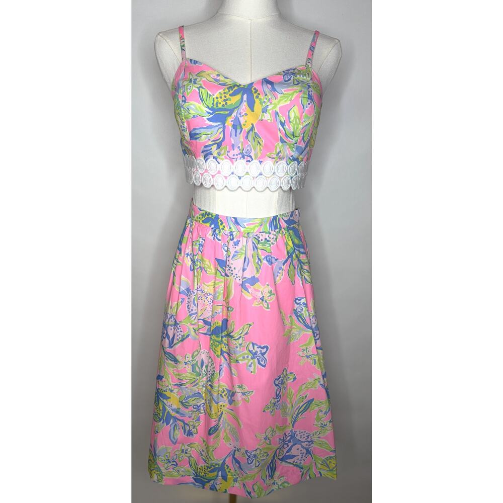 Lilly Pulitzer Pink Tropical Print Two-Piece Crop Top & Midi Skirt Set NWT - Picture 2 of 11